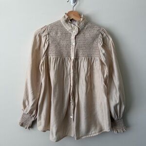 Pomander Place Beige Smocked Button Down Shirt
